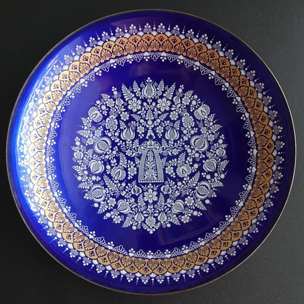 Vintage STEINBOCK Studio Austria Cobalt Blue Enamel Gold White Lace Deco Bowl
